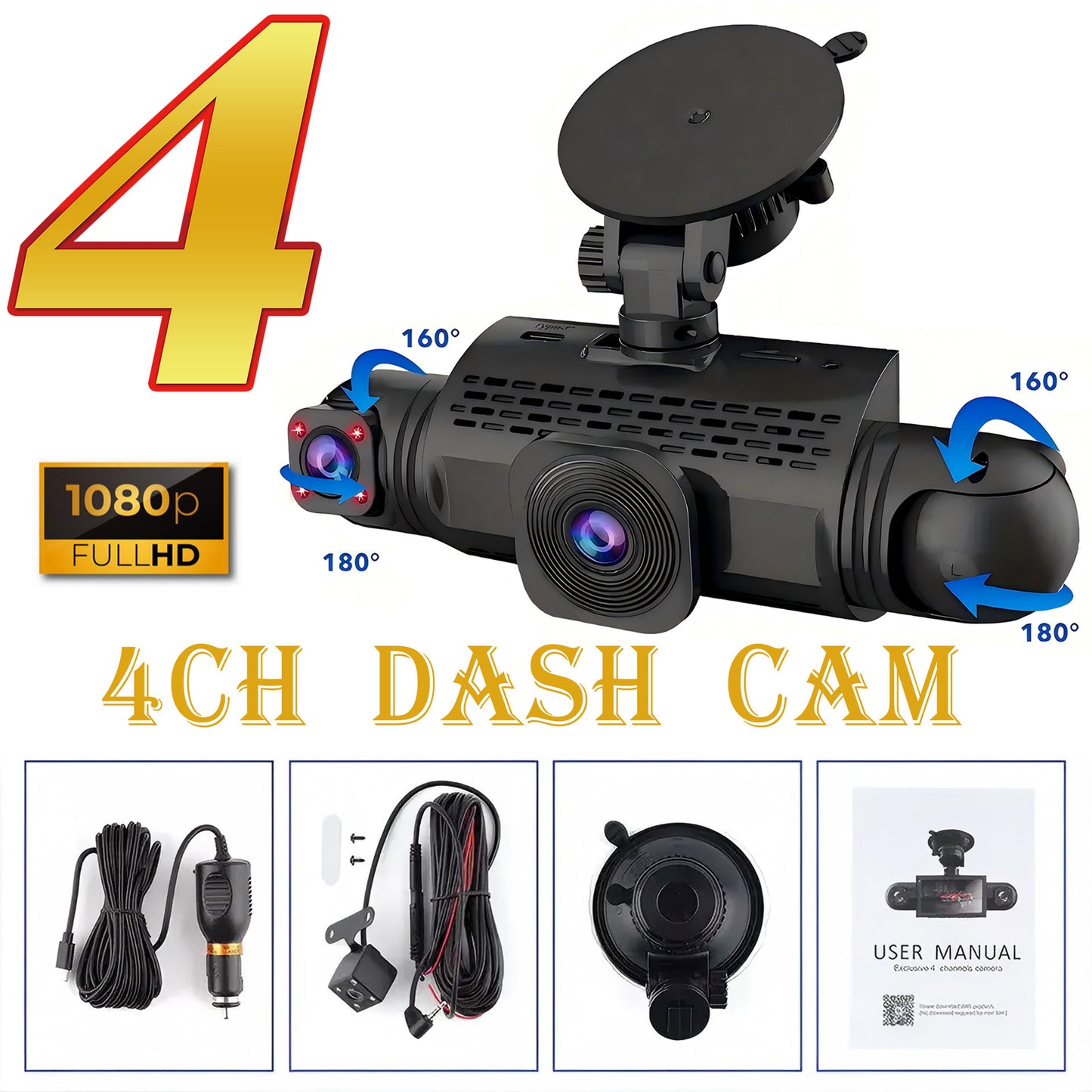 4 Channel Car Dash Cam FHD 1080P Front Left Right Rear Night Vision